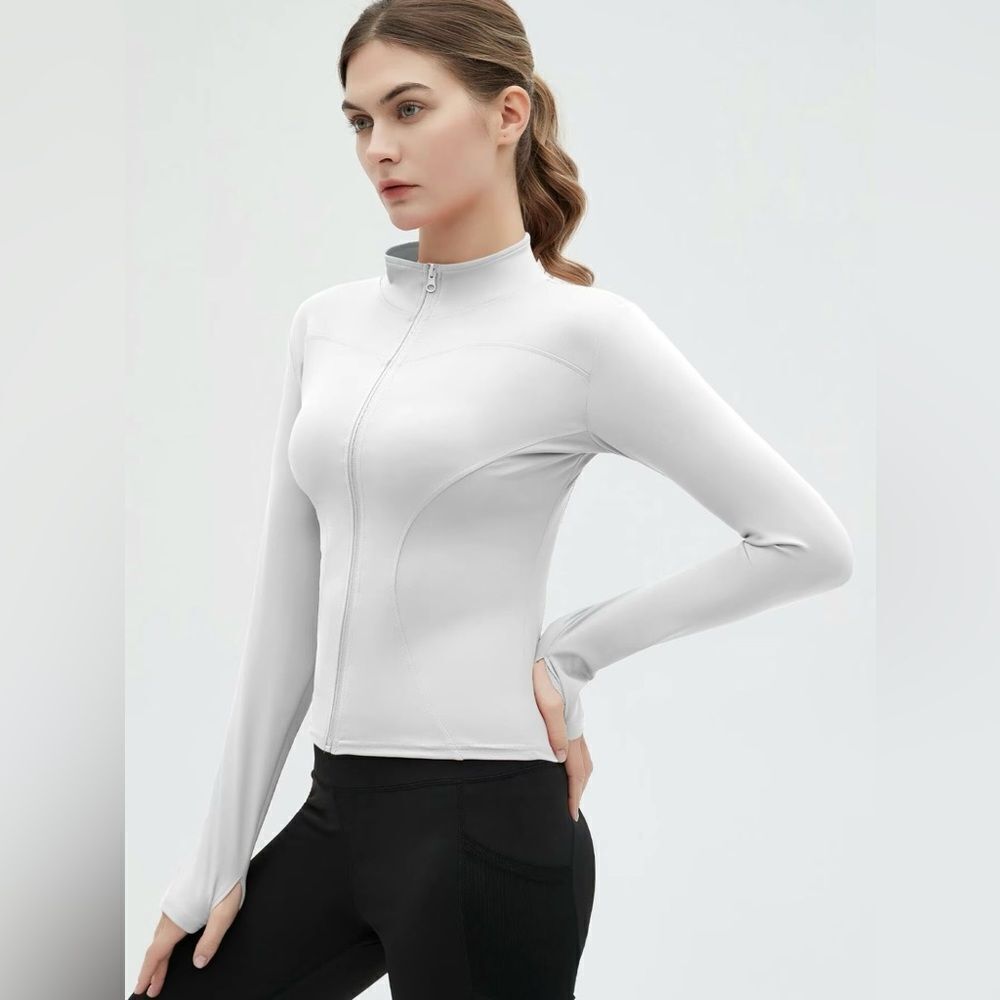 Women's Long Sleeve Fitted Sports Zip Up Jacket White